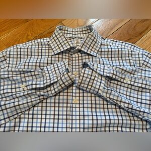 Peter Millar Nanoluxe Easy Care Shirt Blue/White/Brown Check Men Sz M 15.5 Reg